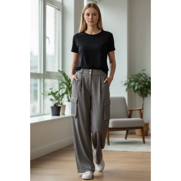 RAMY BROOK Pants NEW Size 00 Slate Gray $445 Rumer Wide Leg Cargo Pant Satin - Picture 1 of 5